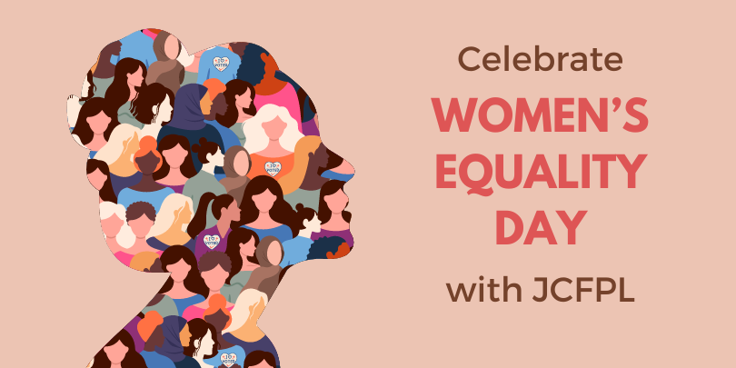 Illustration of a profile silhouette filled with diverse women's faces. Text reads 'Celebrate Women's Equality Day with JCFPL'.